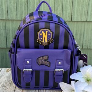 Wednesday Addams Nevermore Academy Striped Mini Backpack, Purple/Black